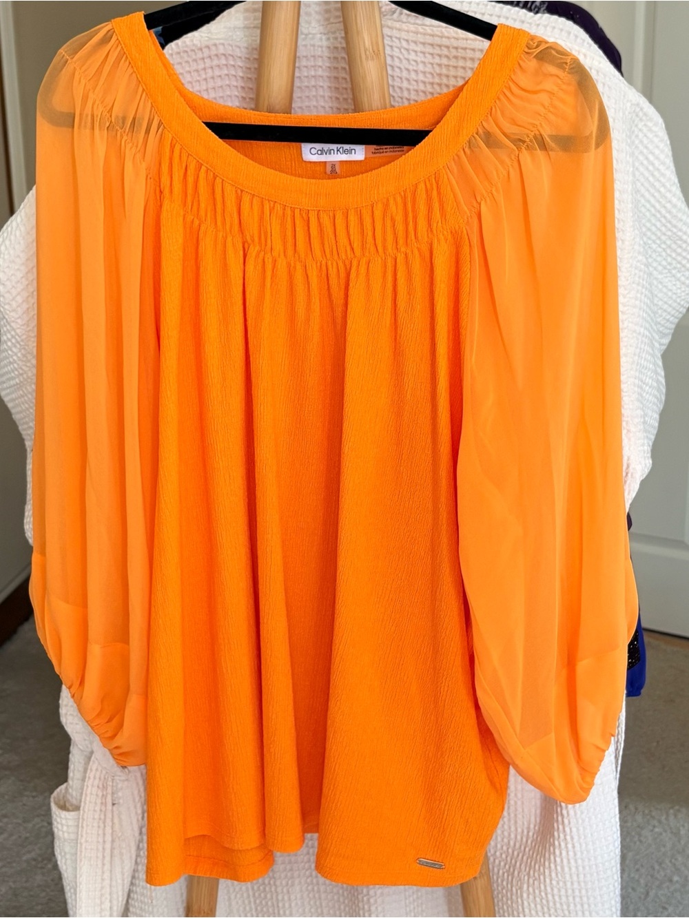 Calvin Klein Bright Orange Sheer-Sleeve Blouse 2X